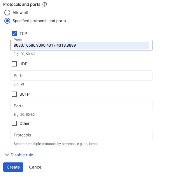 Image Alt Text:Google Cloud Console firewall rule form showing protocols and ports section with TCP selected and ports 8080,16686,9090,4317,4318,8889 specified alt-txt
