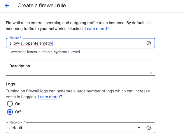 Image Alt Text:Google Cloud Console firewall rule creation form showing name field, network selection, direction set to Ingress, and targets set to Specified target tags alt-txt