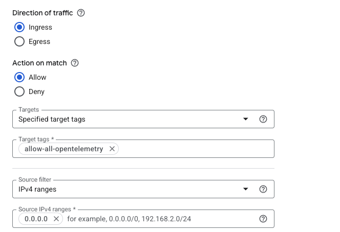 Image Alt Text:Google Cloud Console firewall rule form showing target tags field with allow-all-opentelemetry entered and source IPv4 ranges set to 0.0.0.0/0 alt-txt