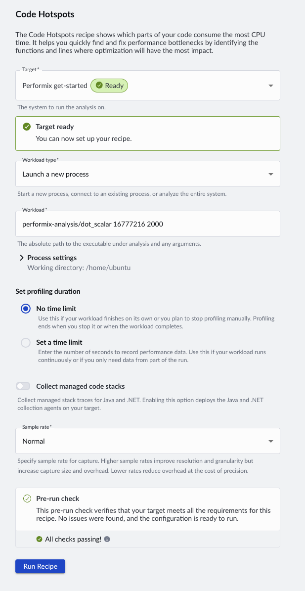 Image Alt Text:Arm Performix Code Hotspots setup form with a ready target, the scalar workload and profiling options configured, a passing pre-run check, and the Run Recipe button