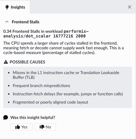 Image Alt Text:Arm Performix Insights panel recommending investigation of instruction fetch and decode bottlenecks, which explains the frontend-bound result