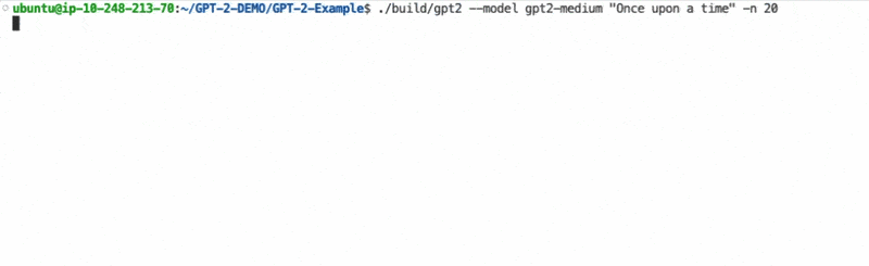 Image Alt Text:Animated terminal output showing GPT-2 baseline inference running on Arm Linux, including generated text and the final tokens-per-second summary.