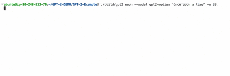 Image Alt Text:Animated terminal output showing GPT-2 baseline inference running on Arm Linux, including generated text and the final tokens-per-second summary used for baseline comparison.