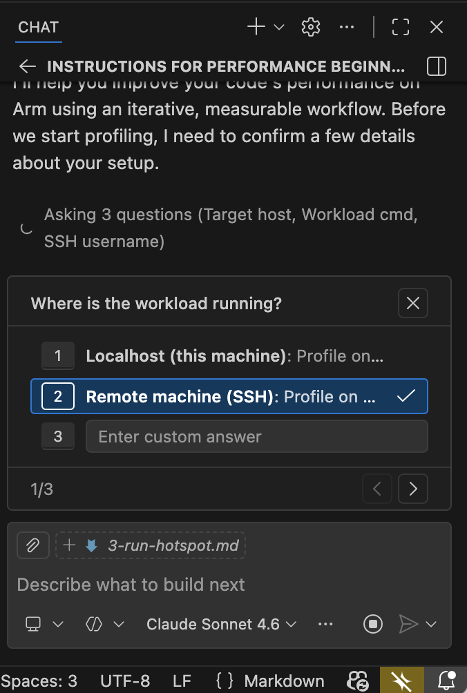 Image Alt Text:GitHub Copilot agent chat asking where the workload is running, with menu choices for localhost or remote machine (SSH)