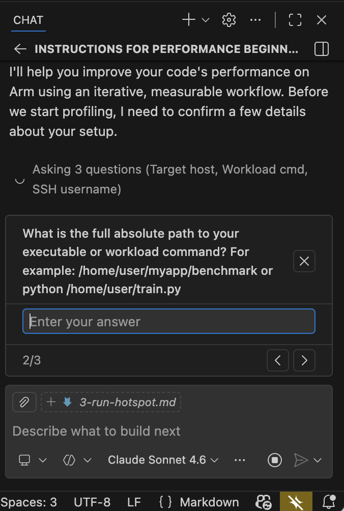 Image Alt Text:GitHub Copilot agent chat prompting the user to enter the absolute path to the executable or workload command