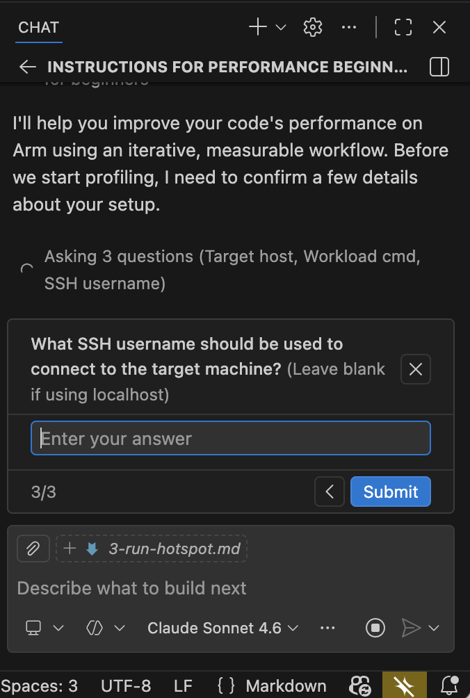 Image Alt Text:GitHub Copilot agent chat asking what SSH username should be used to connect to the target machine