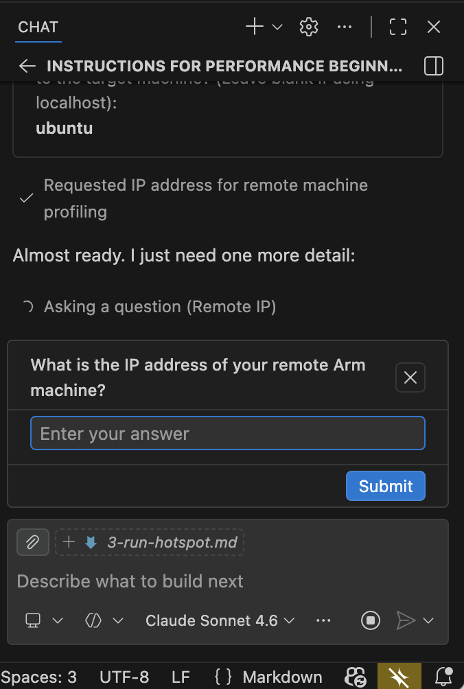 Image Alt Text:GitHub Copilot agent chat asking for the IP address of the remote Arm machine