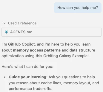 Image Alt Text:Screenshot showing the AGENTS.md file in the repository, highlighting the context file your coding assistant uses to provide more relevant guidance during this task.
