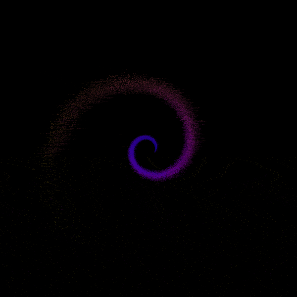Image Alt Text:Animated orbiting galaxy simulation generated by the baseline workload, showing particle motion over time so you can verify that the simulation output looks correct before profiling.