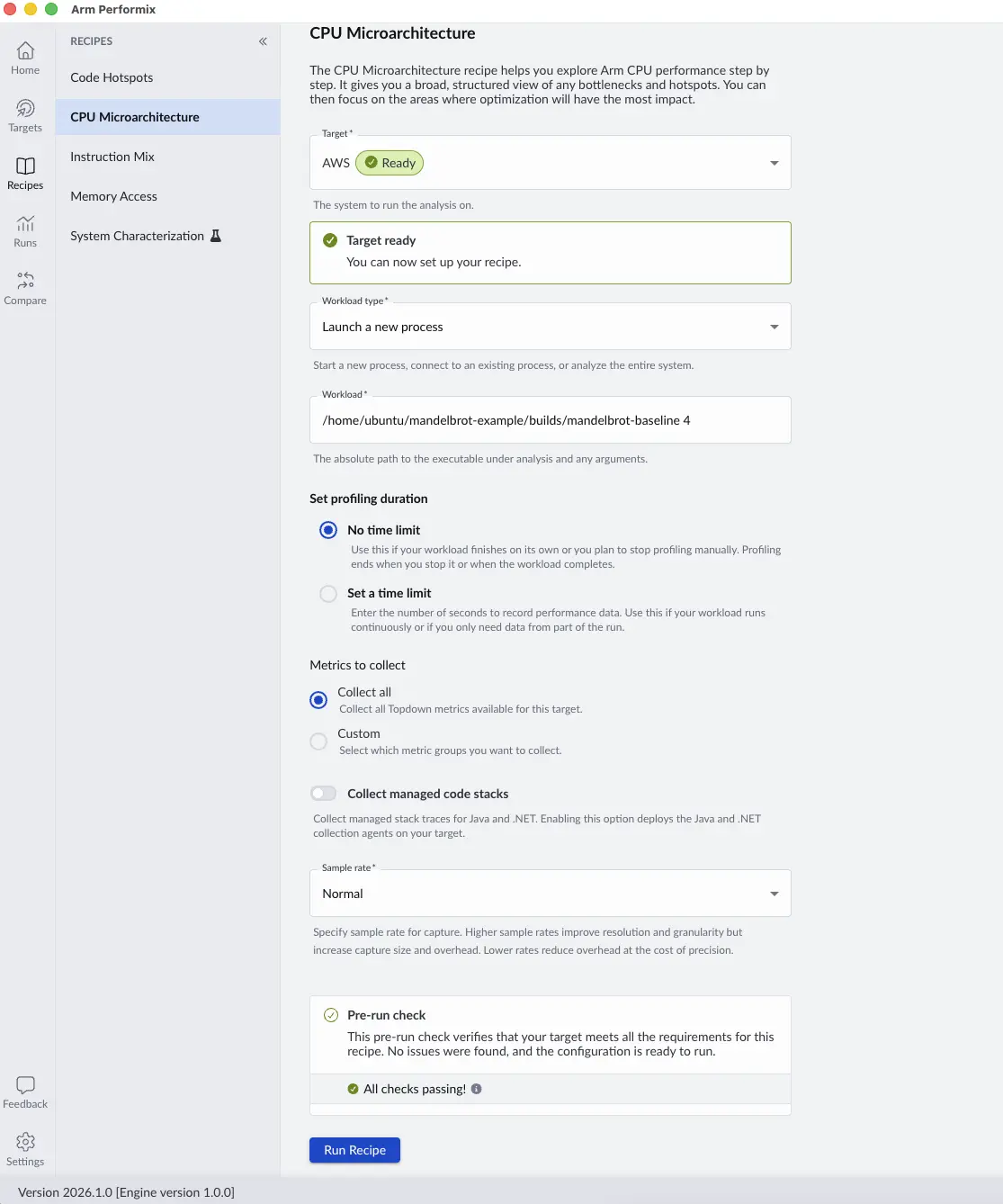 Image Alt Text:Arm Performix CPU Microarchitecture configuration screen