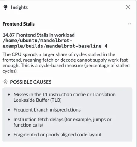 Image Alt Text:Arm Performix insights panel highlighting frontend stalls