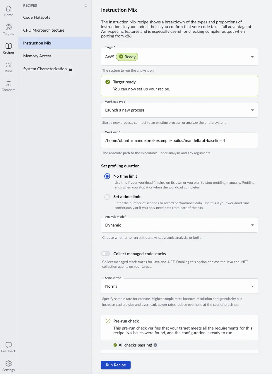Image Alt Text:Arm Performix Instruction Mix configuration screen