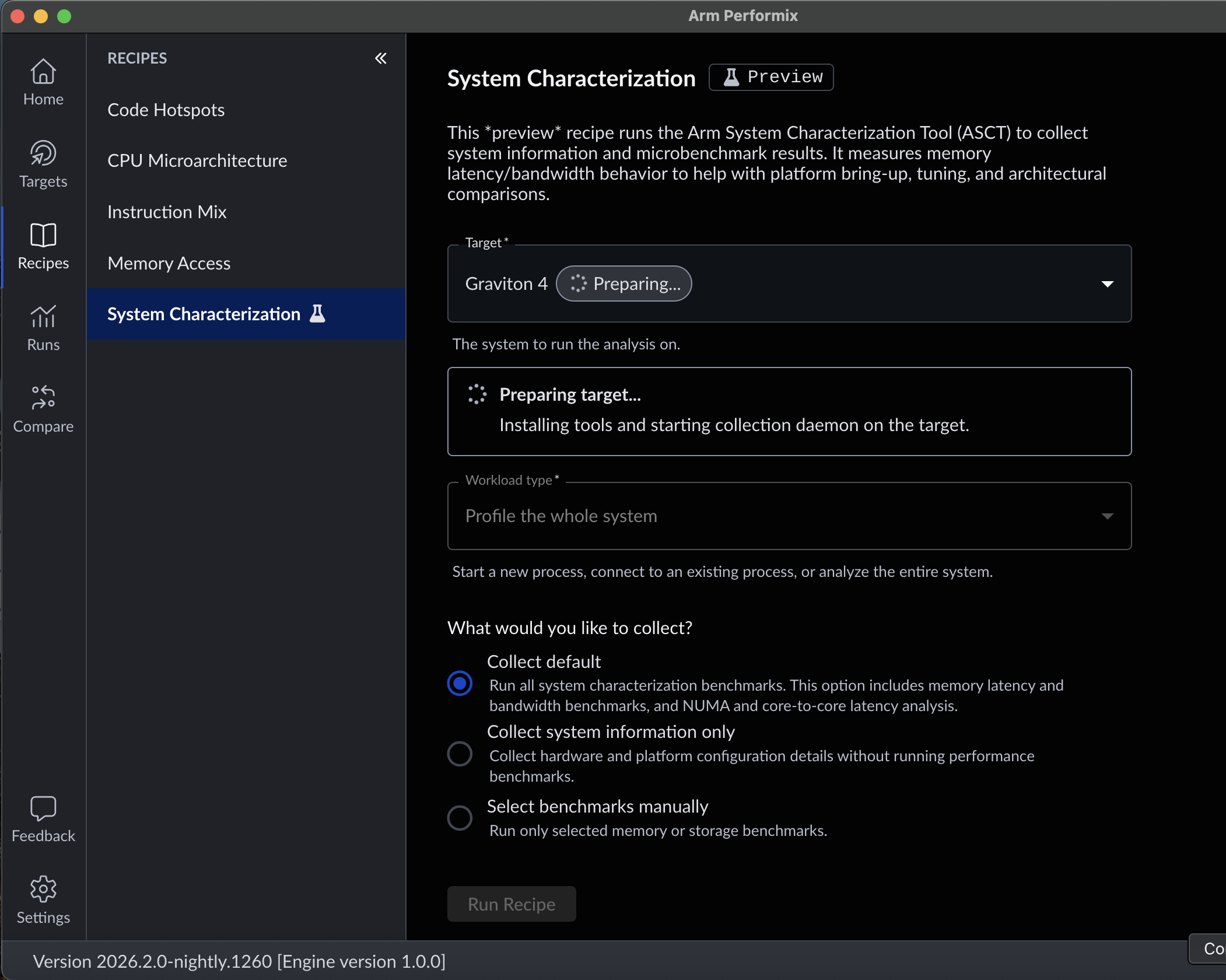 Image Alt Text:Arm Performix System Characterization configuration screen with benchmark selection options
