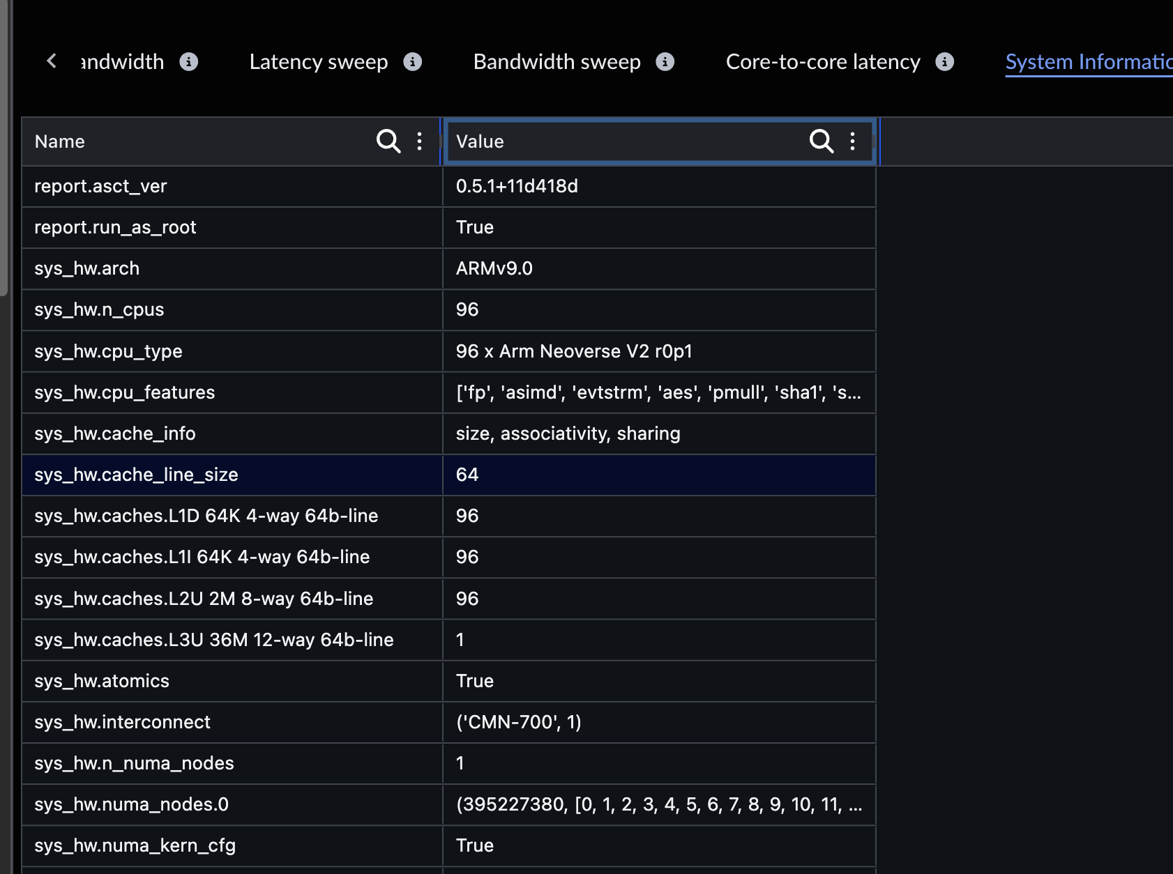Image Alt Text:Arm Performix System Information table with CPU, memory, and storage details