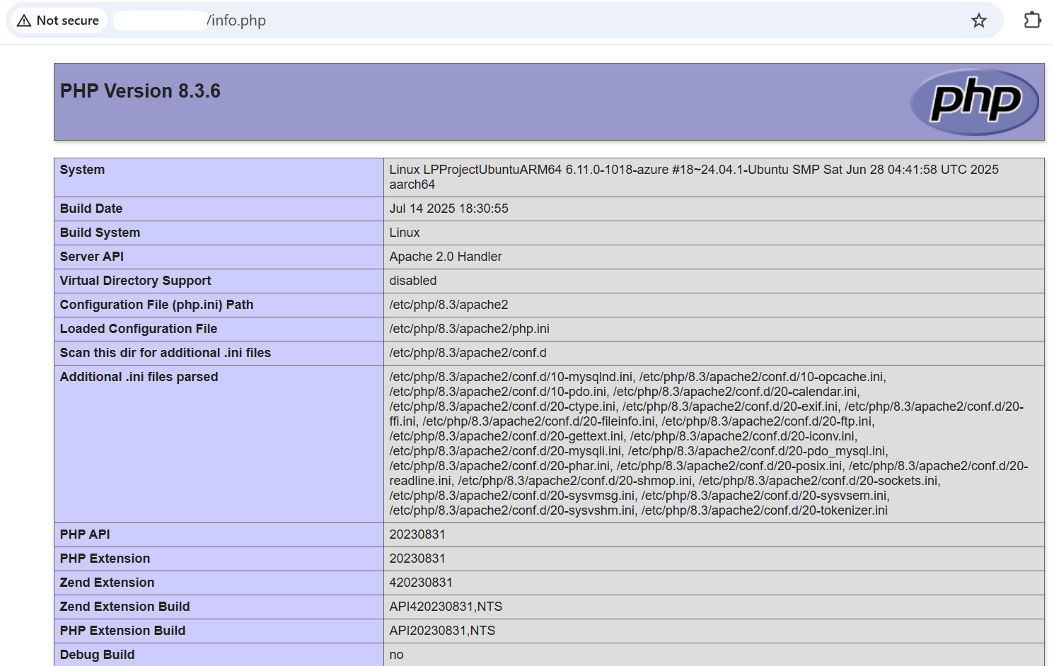 PHP info page in browser on Google Cloud Axion C4A Arm VM Image Alt Text:Screenshot of PHP info page in browser showing PHP configuration details on Google Cloud Axion C4A Arm VM. alt-text