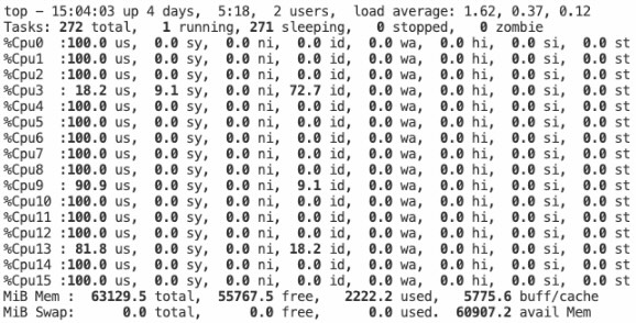 Image Alt Text:Terminal output showing the top command displaying system resource usage. Sixteen CPU cores labeled CPU0 through CPU15 are shown with horizontal percentage bars. Most cores show near 100% utilization with full green bars. The display includes columns for %Cpu(s), memory usage, and process information in a dark theme terminal window alt-txt