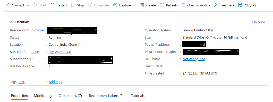 Image Alt Text:Azure Portal showing successful VM deployment with green checkmark, VM name, resource group, and public IP address displayed in the confirmation notification