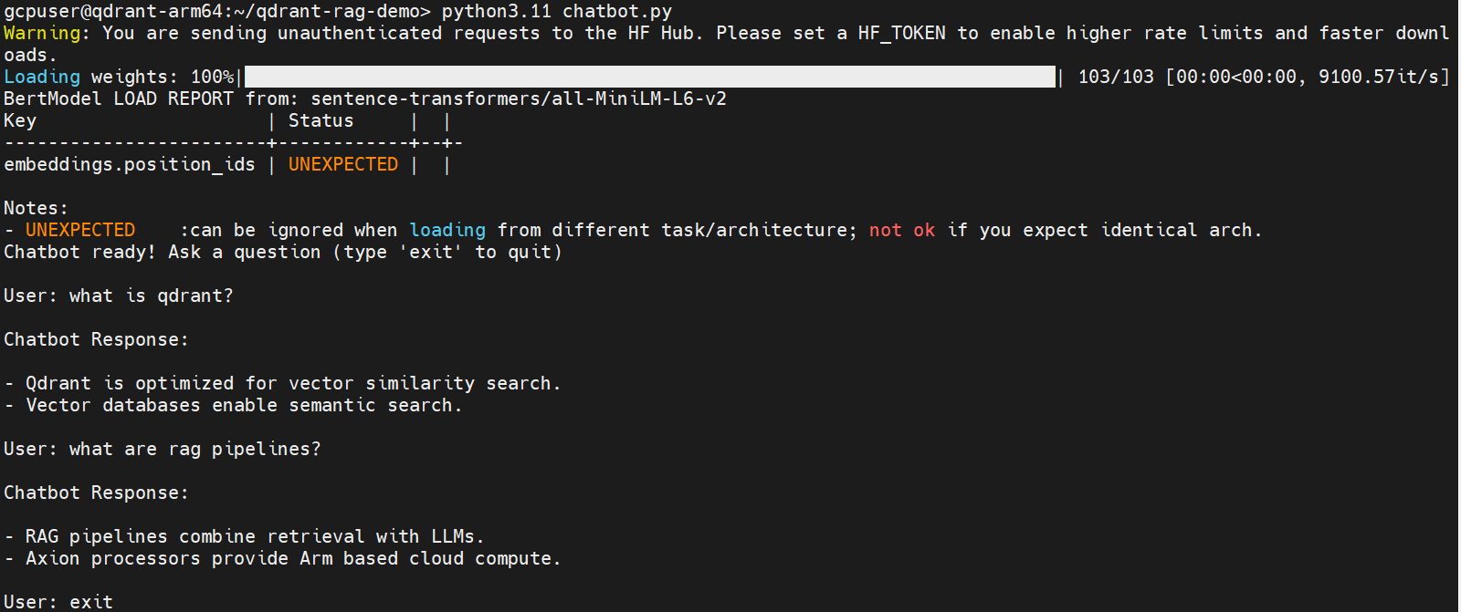 Image Alt Text:Qdrant chatbot terminal showing user questions and semantic search responses retrieved from the Qdrant vector database on Axion
