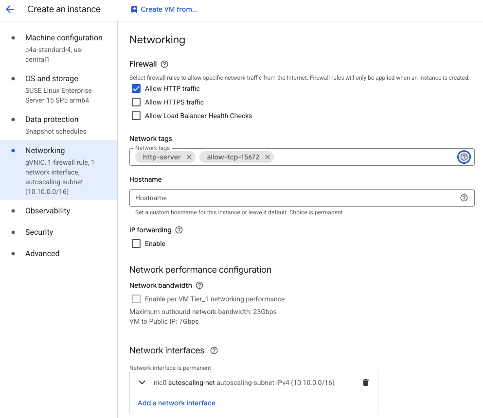 Image Alt Text:Screenshot showing the Networking section of the VM configuration with allow-tcp-15672 entered in the Network tags field alt-txt
