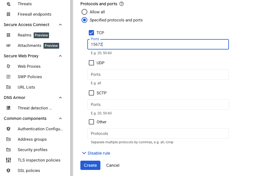 Image Alt Text:Screenshot showing the Protocols and ports section with TCP checkbox selected and port 15672 entered in the ports field alt-txt