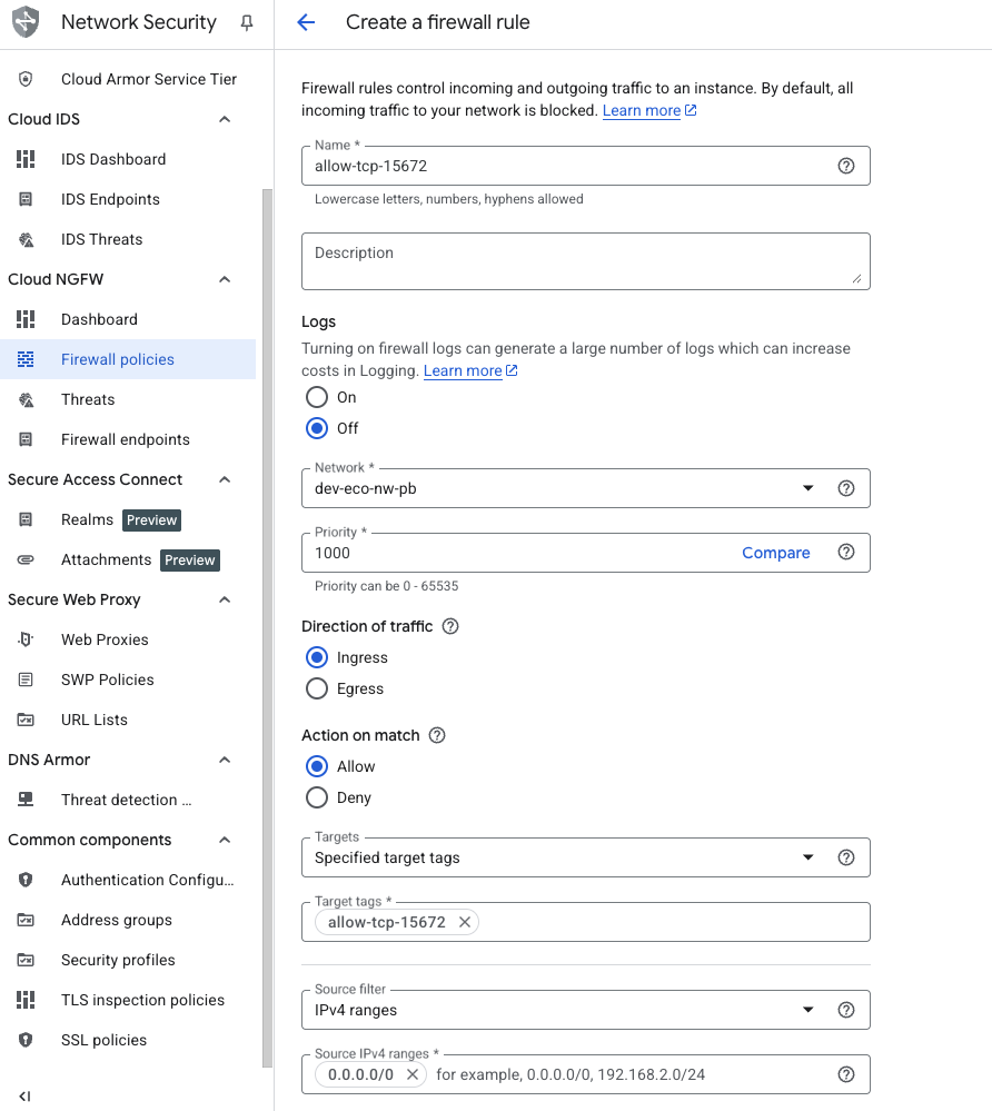 Image Alt Text:Screenshot showing the firewall rule configuration interface with target tag set to allow-tcp-15672 and TCP port 15672 specified in the protocols and ports section alt-txt