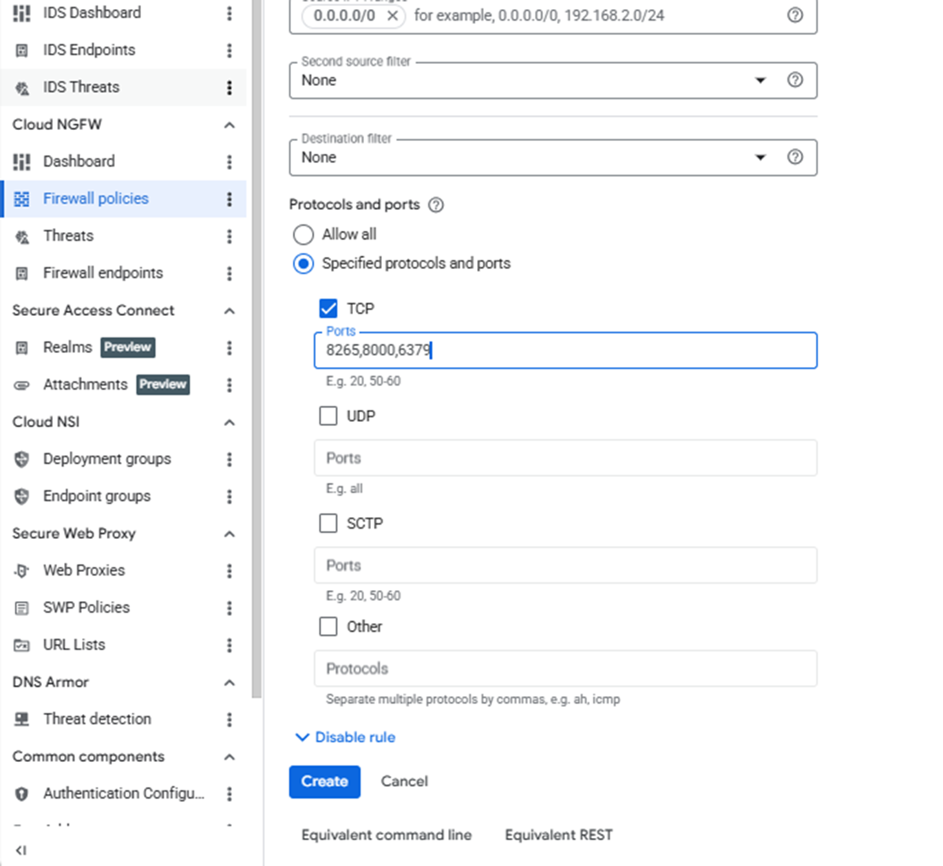 Image Alt Text:Google Cloud Console Protocols and ports section showing TCP checkbox selected with ports 8265, 8000, and 6379 configured for Ray Dashboard, Serve API, and Head Node