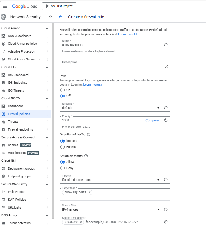 Image Alt Text:Google Cloud Console Create firewall rule form with Name set to allow-ray-ports and Direction of traffic set to Ingress