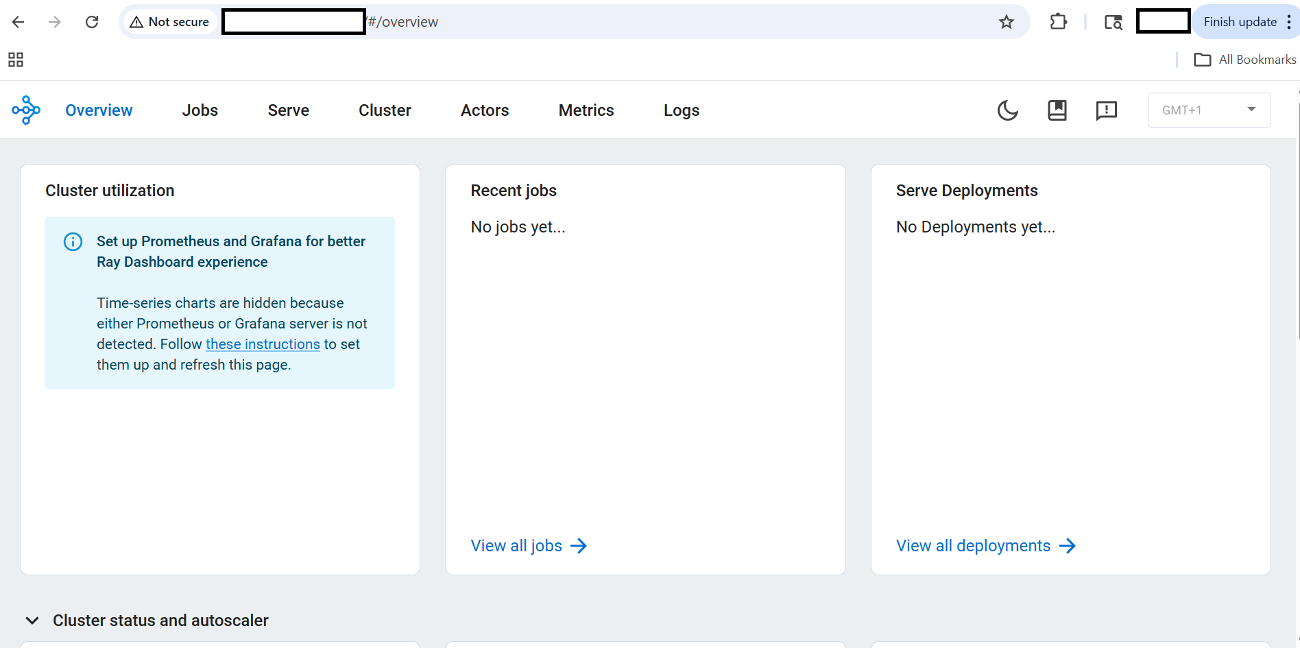 Image Alt Text:Ray Dashboard showing cluster overview, utilization, and navigation tabs