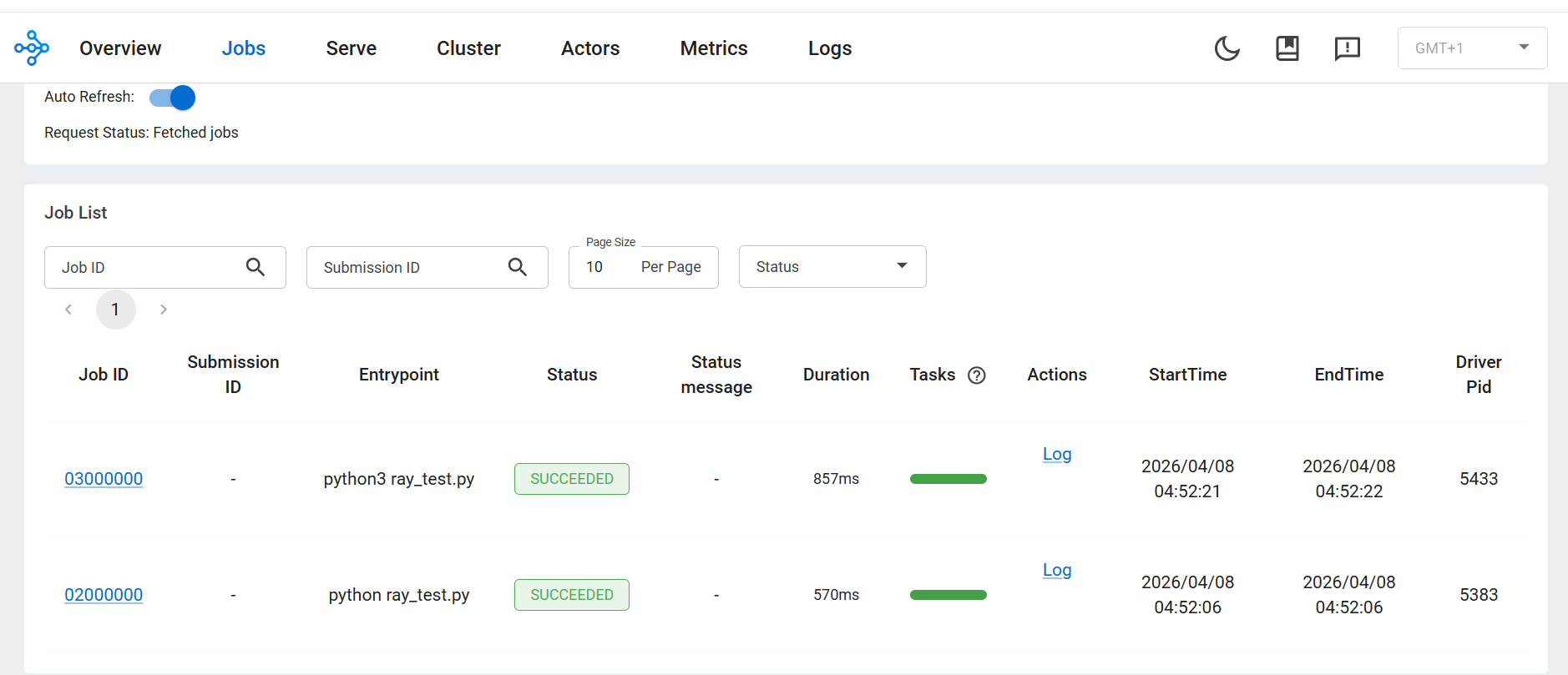 Image Alt Text:Ray Dashboard Jobs tab showing successful execution of ray_test.py and ray_train.py