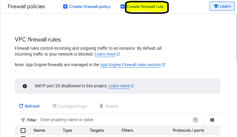 Image Alt Text:Google Cloud Console navigation menu showing VPC network section expanded with Firewall option highlighted, displaying the standard Google Cloud interface with blue sidebar navigation and white background alt-text