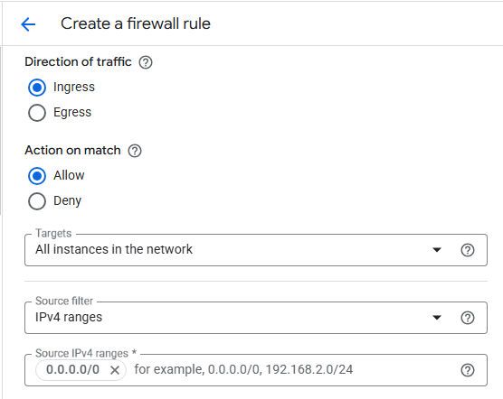 Image Alt Text:Google Cloud Console firewall rule creation form showing Direction of traffic field set to Ingress with a dropdown menu, Target field displaying All instances in the network option, and Source IP ranges field visible below, all within the standard Google Cloud interface featuring white background and blue accent elements alt-text