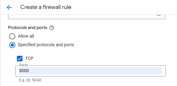Image Alt Text:Google Cloud Console firewall rule configuration page showing Protocols and ports section with TCP checkbox selected and port 3000 entered in the Specified ports field, displaying Allow on match radio button selected, with clean white interface and blue Google Cloud styling alt-text