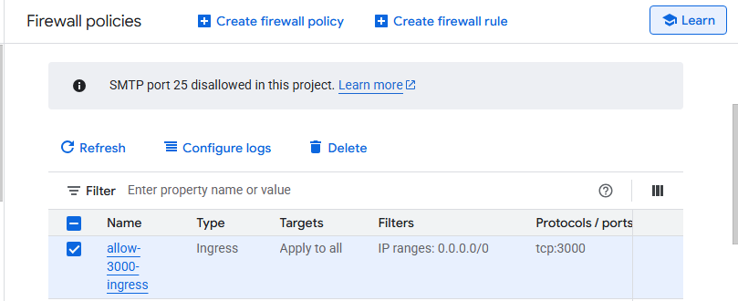 Image Alt Text:Google Cloud Console Firewall Policies page showing a list of firewall rules including the newly created allow-3000-ingress rule with status enabled, displaying rule names, directions, priorities, and actions in a clean white interface with blue Google Cloud branding alt-text