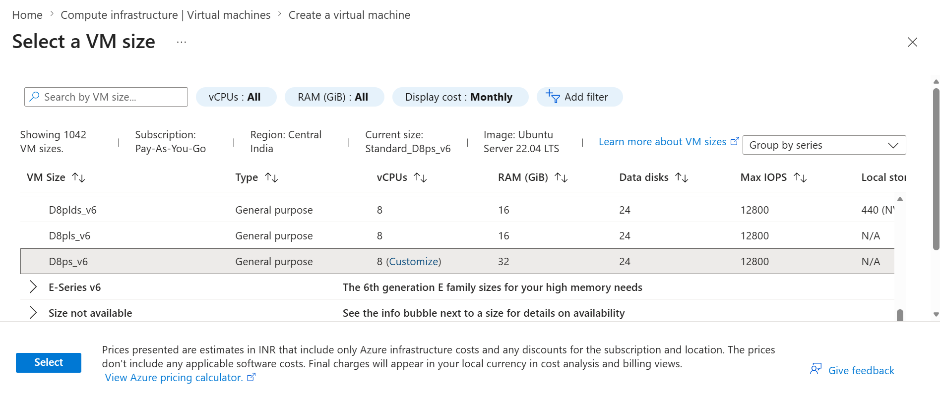 Image Alt Text:Azure Portal showing D-Series v6 VM size selection with D8ps_v6 highlighted