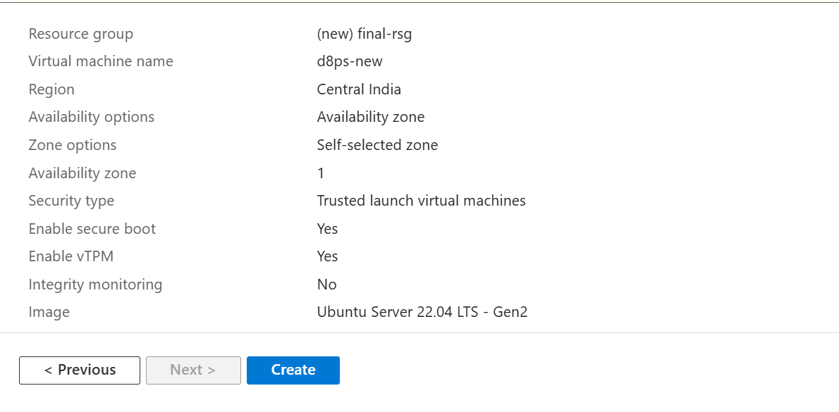 Image Alt Text:Azure Portal Review + Create tab showing VM configuration summary ready for deployment