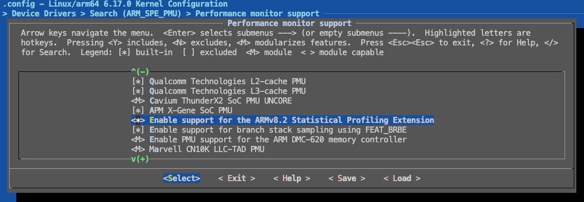 Image Alt Text:Screenshot of the kernel menuconfig interface with ARM_SPE_PMU selected and enabled, confirming the Statistical Profiling Extension will be built into the kernel