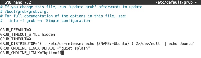 Image Alt Text:Screenshot of a terminal text editor showing /etc/default/grub with GRUB_CMDLINE_LINUX updated to include kpti=off, the change required to allow SPE buffer mapping to succeed on Neoverse V1 systems