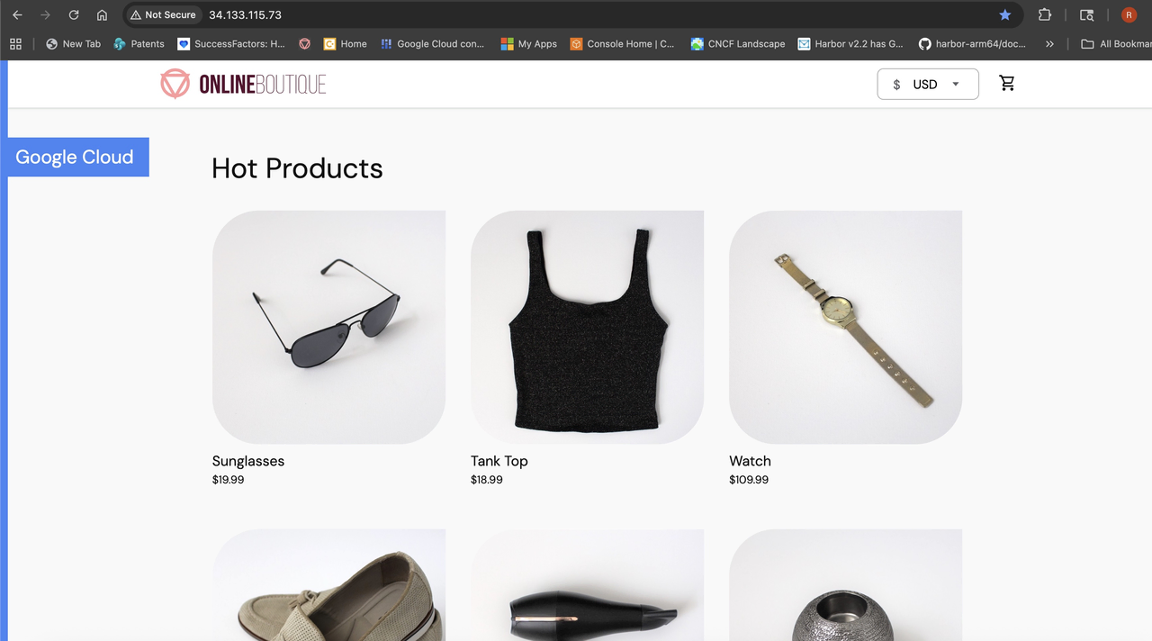 Image Alt Text:Online Boutique storefront page showing product cards and the Google Cloud label, confirming that the baseline storefront is reachable before the assistant is deployed