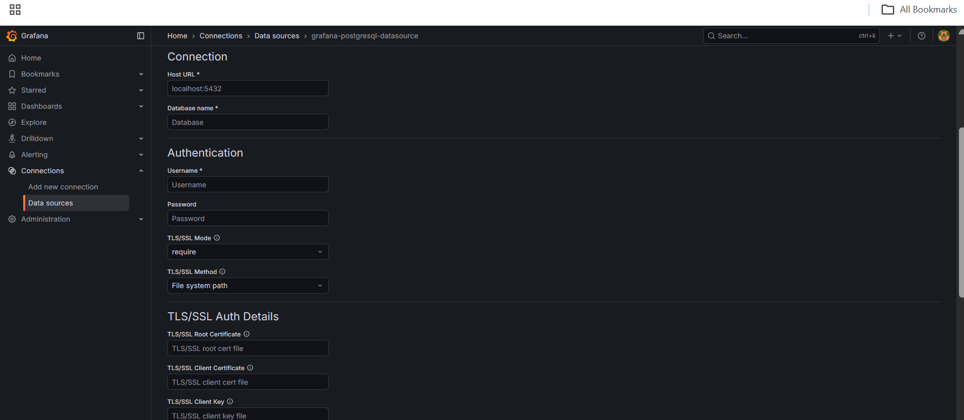 Image Alt Text:PostgreSQL data source connection settings alt-txt