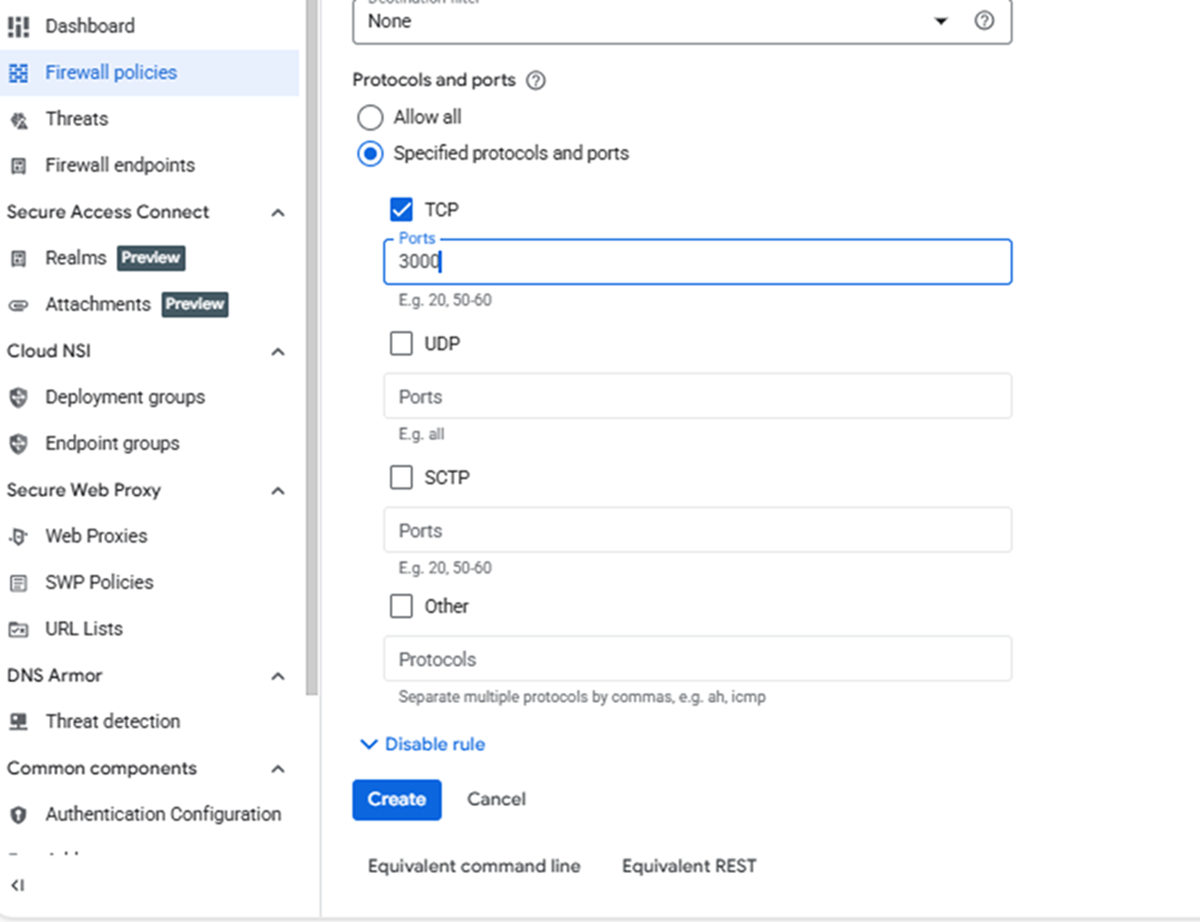 Image Alt Text:Google Cloud Console Protocols and ports section with the TCP checkbox selected and port 3000 entered in the Ports text field alt-txt
