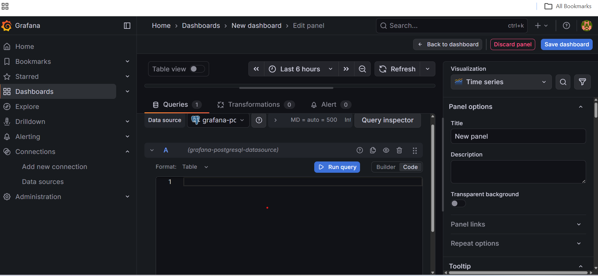 Image Alt Text:Grafana SQL query editor showing TimescaleDB query with time filter