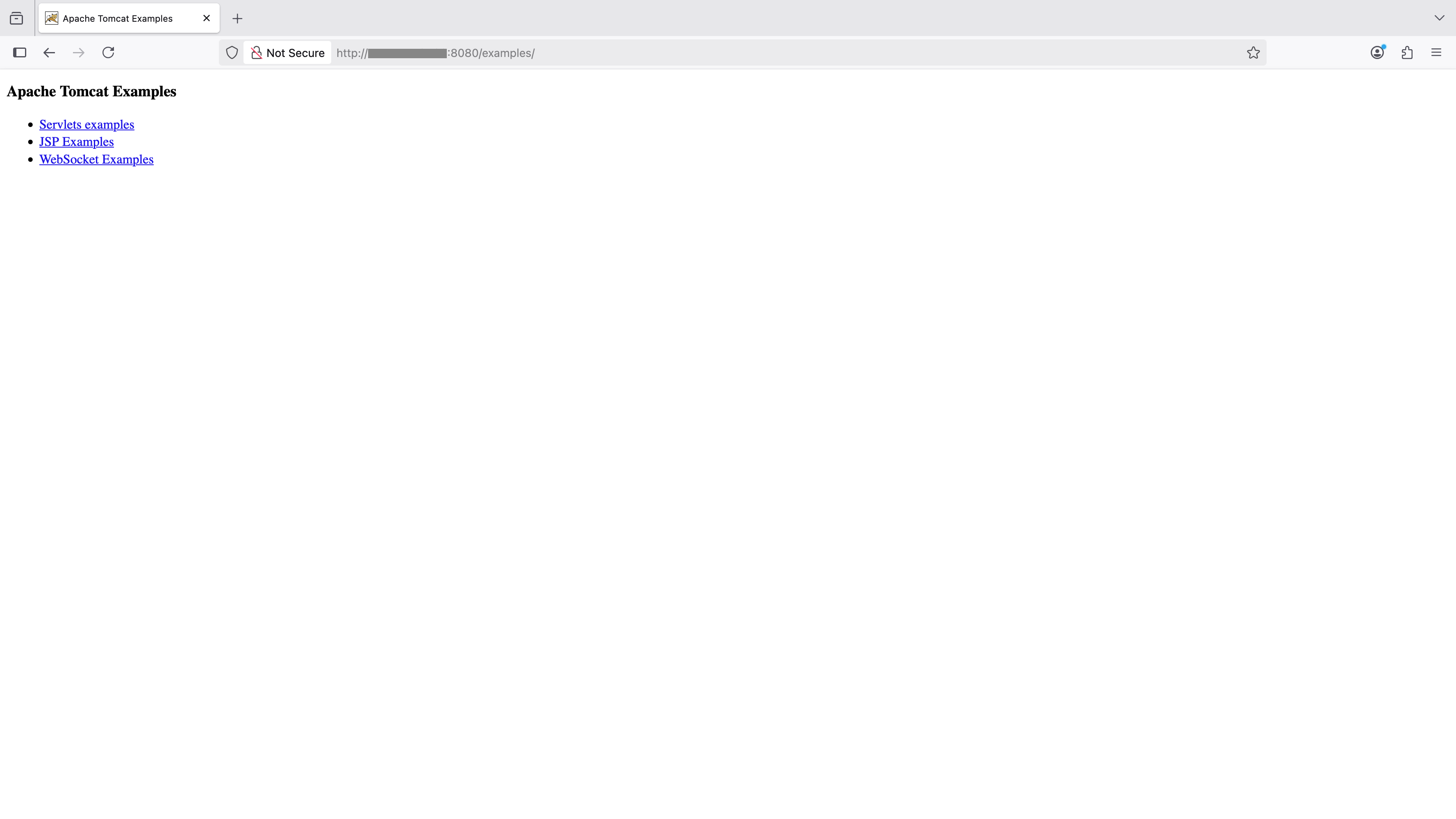 Image Alt Text:Screenshot of the Tomcat examples page showing servlet and JSP demo links alt-text