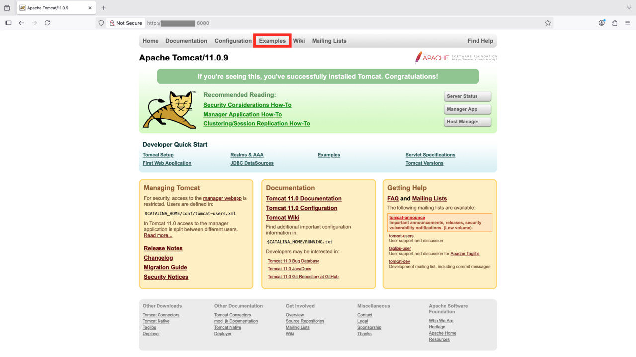 Image Alt Text:Screenshot of the Apache Tomcat homepage showing version and welcome panel alt-text
