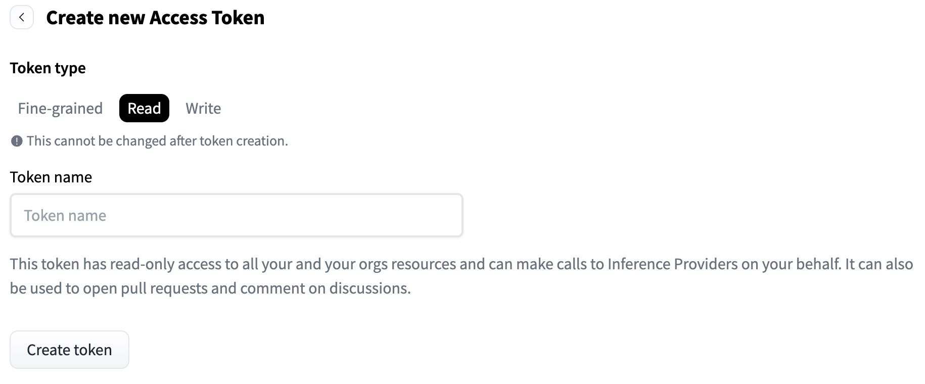 Image Alt Text:Screenshot of Hugging Face token creation interface showing a dialog box with fields for token name and type, with the &lsquo;Read&rsquo; option selected and a &lsquo;Create token&rsquo; button visible alt-txt