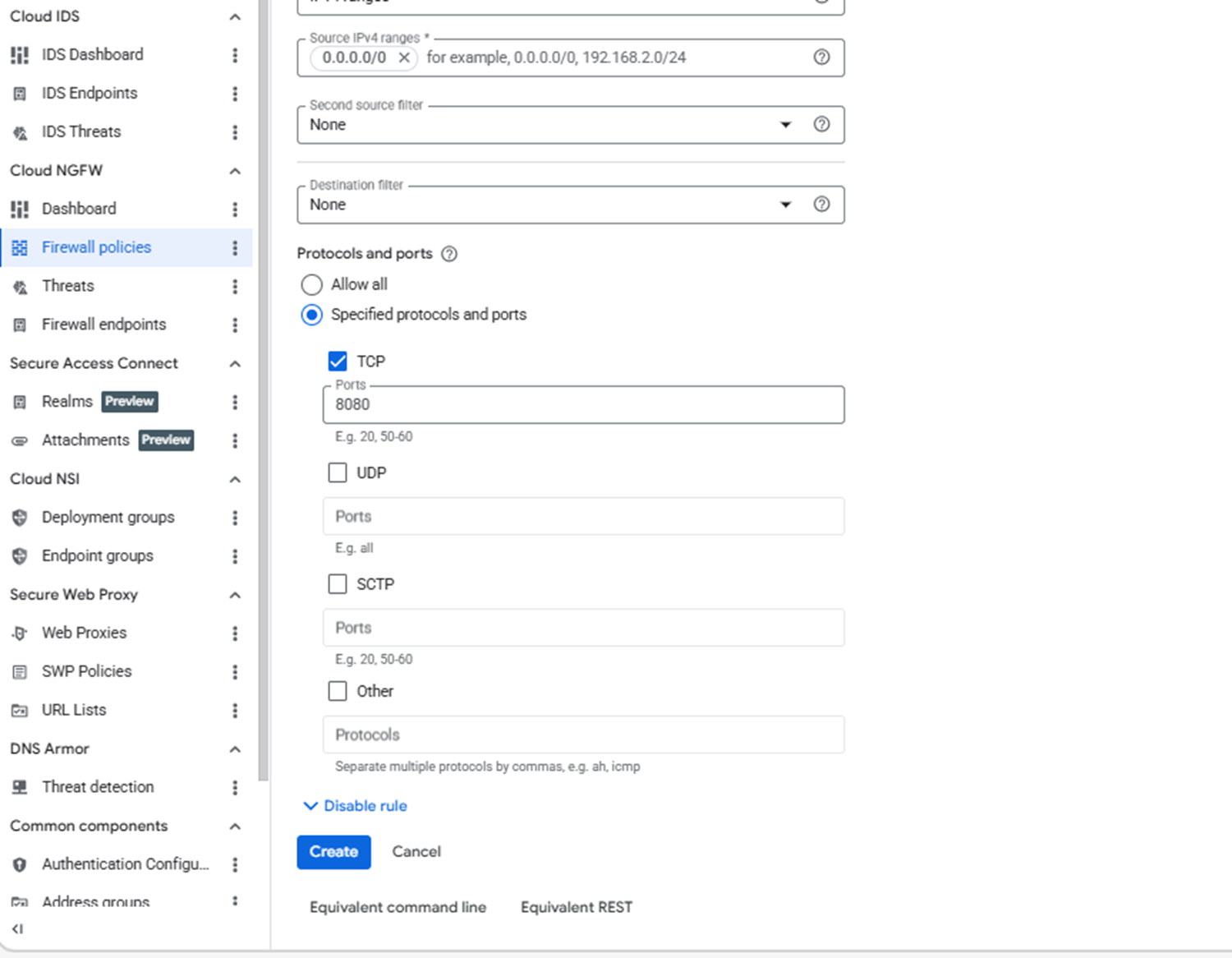 Image Alt Text:Google Cloud Console Protocols and ports section with TCP selected and port 8080 entered