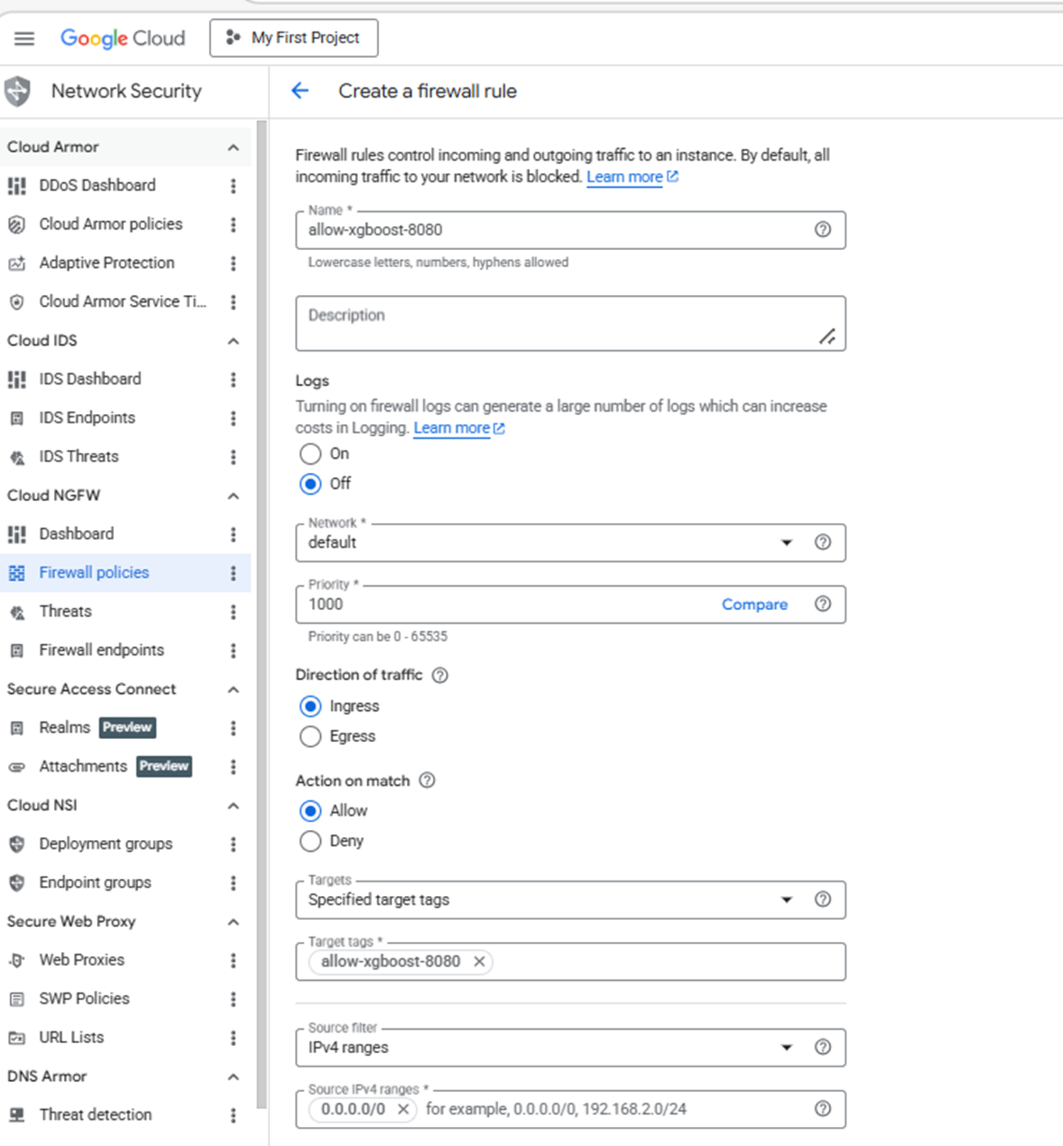 Image Alt Text:Google Cloud Console Create firewall rule form with Name set to allow-xgboost-8080, Targets set to Specified target tags, and Direction of traffic set to Ingress