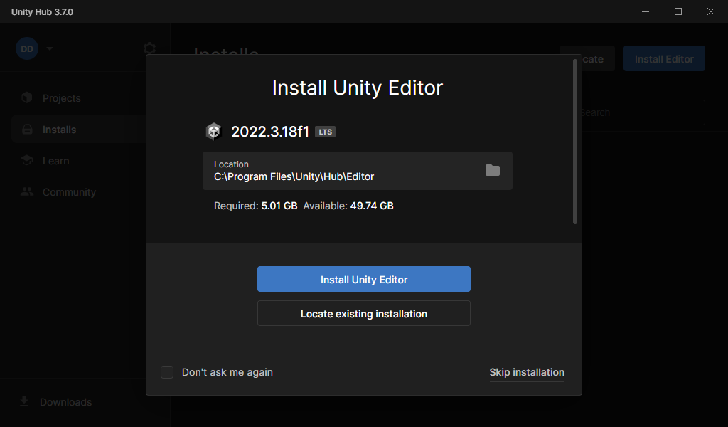 Image Alt Text:Unity LTS suggested installation
