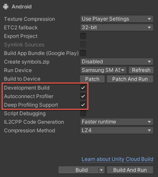 Image Alt Text:Unity build settings for profiling