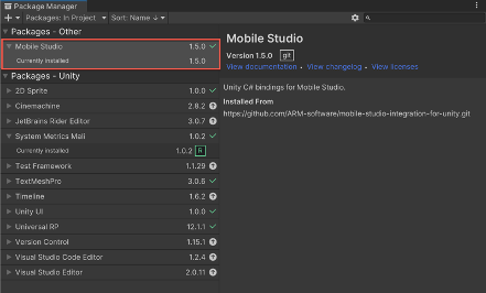 Image Alt Text: Mobile Studio package installed in Unity
